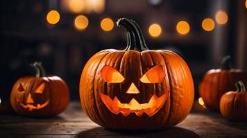 een gloeiend jack-o'-lantern zit temidden van herfst bladeren tegen een donker, humeurig backdrop met een vol maan en flauw lit lantaarns, oproepen tot de halloween geest video
