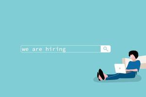 We are hiring concept Businesswoman using laptop to find job. l works at a laptop. woman browsing work opportunities online using job search vector