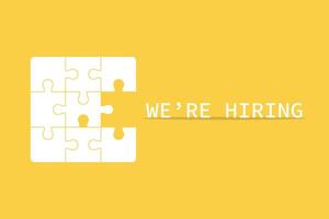 Concept is now hiring. White jigsaw puzzle with word and yellow background vector