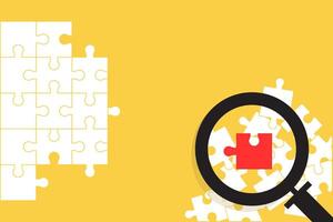 White jigsaw puzzle with magnifying glass over yellow background. Recruitment Concept. missing piece of puzzle. Job vacancy advertisement. Looking for employee, candidate. Eps10 illustration. vector