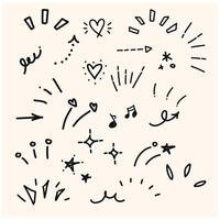 A set of abstract icons representing awareness, attention, concentration, surprise, ideas, inspiration, speech bubbles, and various with style doodle and line art vector