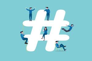 Hashtag concept illustration of young people using mobile tablet and smartphone for sending posts and sharing them in social media. Flat hashtag big symbol with guys and women follow the trend vector