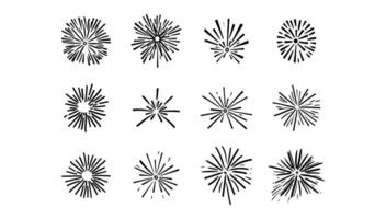 Back and white Set of firework icon. Decoration design anniversary and celebration abstract star explosion. Element event and spark party. Firecracker light and doodle line vector