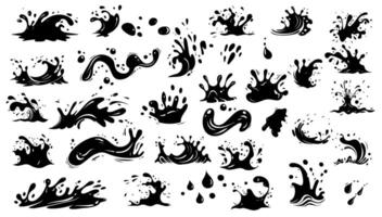 Black and white Water drops set. Nature wet shape and splash wave fresh sign. Creative collection aqua spray and flow bubble or blood. Concept raindrop ink vector