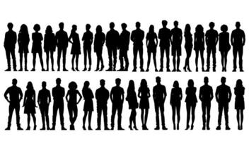 Silhouette Group of People Standing Black White set. Woman and man person illustration group isolated white. Community figure human and team meeting. Crowd shape collection design horizontal vector