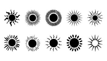 Sun black icon element collection. Illustration element abstract symbol and circle graphic design set. Star art summer and decoration sunshine doodle simple cartoon concept vector