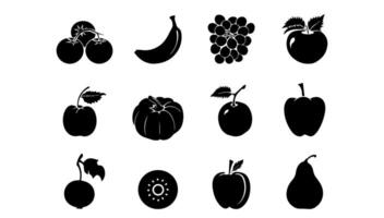 Set black silhouette of various fruits. illustration food with leaf and objecy symbol. Outline group ingredient sign for design element. vector