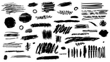 Grunge scrawls, charcoal scribbles black set. Doodle abstract design and marker pen. Shape sketch and graphic mark collection. Underline stripe and textured brushstroke pattern vector