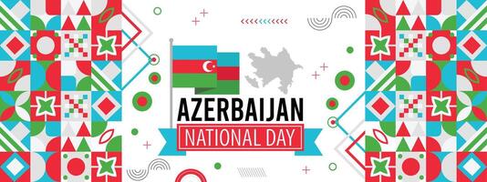 azerbaiyán nacional día bandera con mapa, bandera colores tema antecedentes y geométrico resumen retro moderno colorido diseño vector