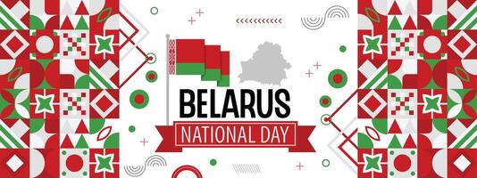 bielorrusia nacional día bandera con mapa, bandera colores tema antecedentes y geométrico resumen retro moderno colorido diseño vector