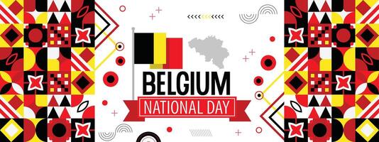 Bélgica nacional día bandera con mapa bandera colores tema antecedentes y geométrico resumen retro moderno negro rojo amarillo diseño. Belga gente. vector