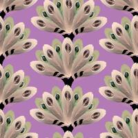 The magnificent peacock feathers are simplified to basic geometric shapes and lines that repeat in the fan motif. seamless, vertical minimalist surface pattern on lavender background. vector