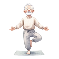 farfar i yoga ClipArt detta digital konstverk funktioner en glad äldre man slående en fredlig yoga utgör, illustrerade med vibrerande färger och en Rör av fantasier. png