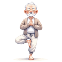 Grandfather in Yoga Clipart This digital artwork features a cheerful elderly man striking a peaceful yoga pose, illustrated with vibrant colors and a touch of whimsy. png