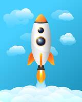 Small cute flying space rocket above the cloud illustration vector