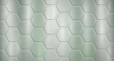 Abstract metallic background in green colors with highlights and a big voluminous convex hexagonal plates vector