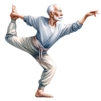 grand-père dans yoga clipart cette numérique ouvrages d'art Caractéristiques une de bonne humeur personnes âgées homme frappant une paisible yoga pose, illustré avec vibrant couleurs et une toucher de fantaisie. png