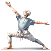 farfar i yoga ClipArt detta digital konstverk funktioner en glad äldre man slående en fredlig yoga utgör, illustrerade med vibrerande färger och en Rör av fantasier. png