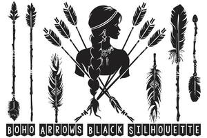 Boho arrows black silhouette, Arrow Feather Moon Illustrations. vector