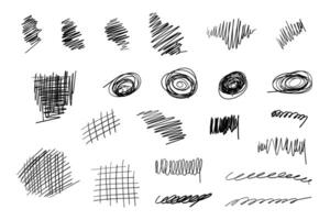 Hand drawn marker abstract scribbles. Black pen sketches, drawings. Scrawl elements isolated on white background, pencil curly lines and squiggles, grunge texture. Scribble black strokes set. vector