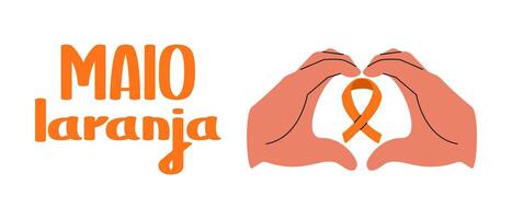 Maio laranja Campaña en contra violencia investigación de niños. manos con naranja cinta. plano bandera. vector