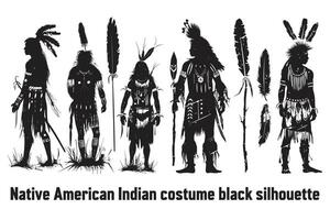 Native American Indian costume black silhouette, Young woman in costume of American Indian. Silhouette of beautiful Indian women vector