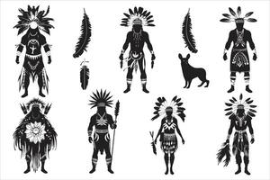 Native American Indian costume black silhouette, Young woman in costume of American Indian. Silhouette of beautiful Indian women vector