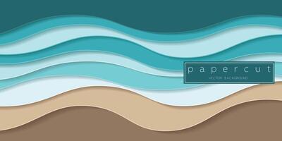 Paper cut turquoise water waves and sand beach background. Cutout minimalistic luxury layered waves . 3D frame icon for posters and flyers, presentation, web, social media, design and banner. vector