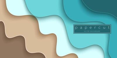 Paper cut turquoise water waves and sand beach background. Cutout minimalistic luxury layered waves . 3D frame icon for posters and flyers, presentation, web, social media, design and banner. vector
