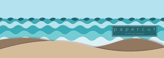 Paper cut turquoise water waves and sand beach background. Cutout minimalistic luxury layered waves . 3D frame icon for posters and flyers, presentation, web, social media, design and banner. vector