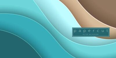 Paper cut turquoise water waves and sand beach background. Cutout minimalistic luxury layered waves . 3D frame icon for posters and flyers, presentation, web, social media, design and banner. vector