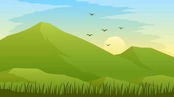 paisaje ilustración de verde montaña con prado en soleado día vector