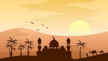 Landscape illustration of mosque silhouette in the sand desert vector