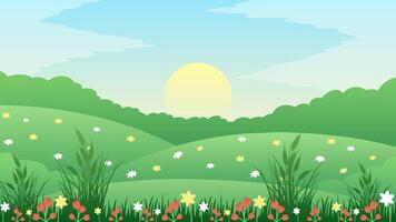 Landscape illustration of hill in spring season with blooming flowers vector