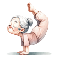 grootmoeder in yoga clip art perfect voor bouwen, kaart maken, of verbeteren uw blog berichten, deze digitaal downloaden Kenmerken aanbiddelijk illustraties van een grootmoeder in divers yoga poseert. png