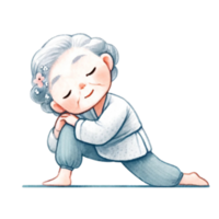 grootmoeder in yoga clip art perfect voor bouwen, kaart maken, of verbeteren uw blog berichten, deze digitaal downloaden Kenmerken aanbiddelijk illustraties van een grootmoeder in divers yoga poseert. png