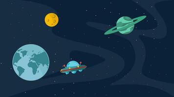 ufo vlucht Bij heelal animatie 2d voor astronomie concept , buitenste ruimte exploratie planeet beweging grafisch illustratie ontwerp video