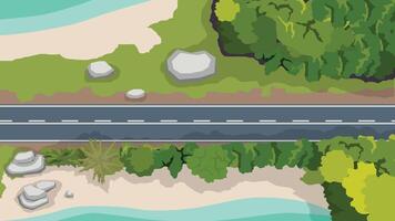 Above view of empty asphalt road path. Cutting through a natural forest area. There are sea beaches on both sides. vector