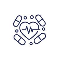 cardiac medication line icon, pills for heart vector