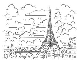 Eiffel tower in Paris on a white background. Landmark of Paris. Linear illustration. Doodle style vector