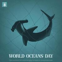 mundo océanos día diseño modelo con un tiburón atrapado en un pescar red vector