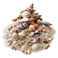 un pila de conchas en el playa ai-generativo png