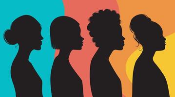 Black female silhouettes with different hairstyles and shapes. Women in profile on a bright colored background vector