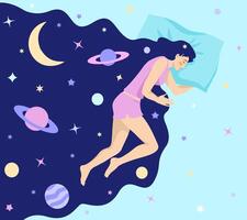 Girl with night dream universe. Woman universe in hair. Modern flat character. Woman character in dream. Abstract astrology concept vector