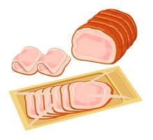 Cold smoked meat with slices. Sliced spicy ham. Meat delicacy in vacuum plastic packaging. Cartoon. Traditional cold cuts made of meat and spices vector