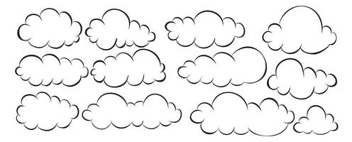 Big set flat clouds, sky, black line silhouette, one line, clouds collection on white background vector