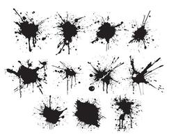 Set of silhouettes of black drops of ink splashes. Blot stains, splashes of liquid paint drops, ink splatters. Artistic dirty grunge abstract set vector