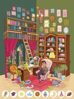 Boy reading book in huge old library vector