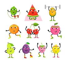Sport fruits characters. Healthy eating. Fruits sportsman. Fruit characters yoga. Funny fruit foods on sport exercises, fitness vitamins human vector