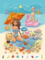 Girls relax on beach with little things vector